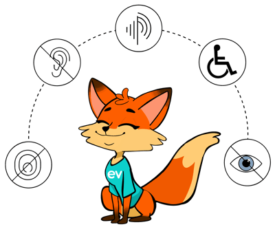 Eventeny's mascot Evee the Fox is pictured with accessibility icons surrounding her