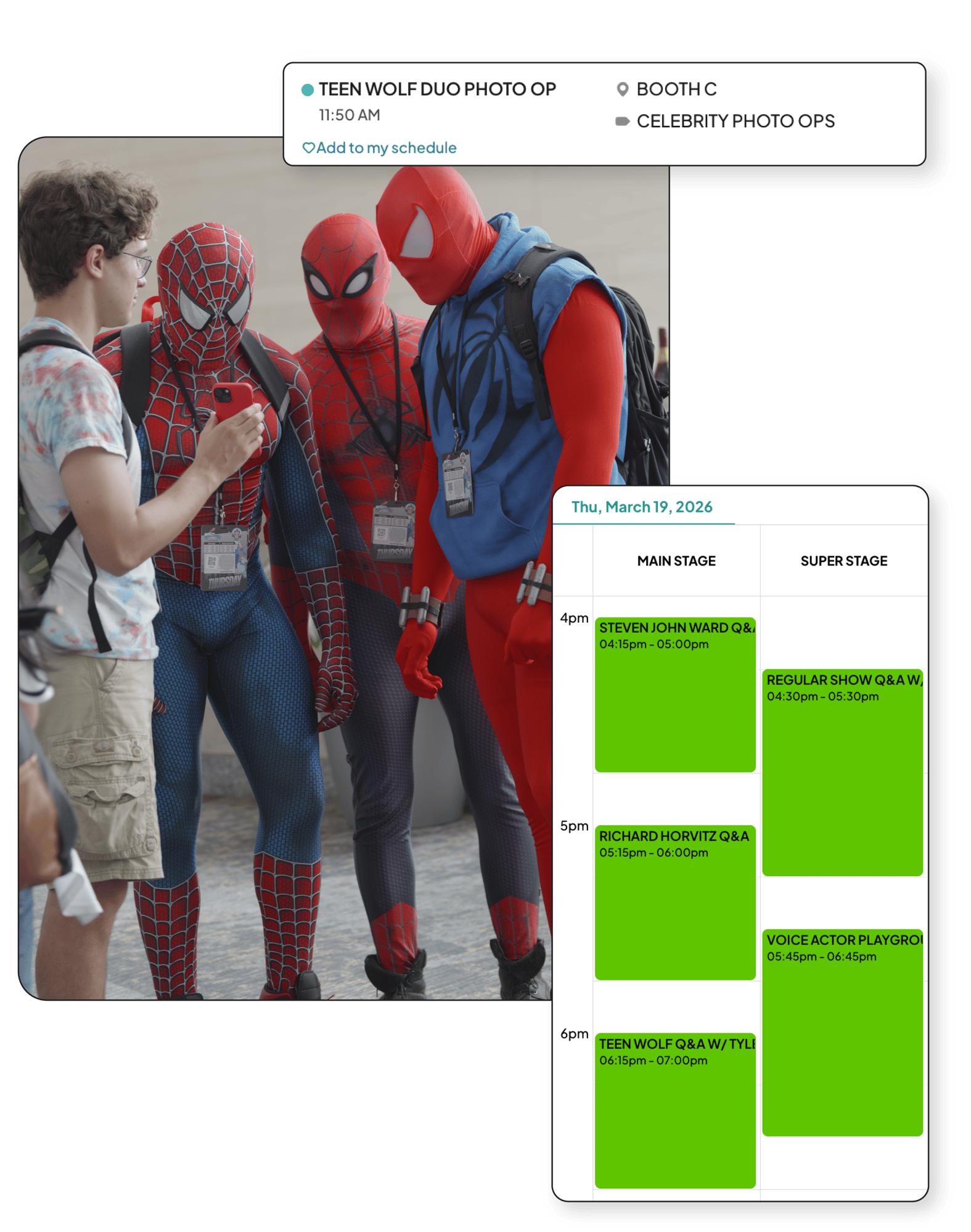 Image of three spiderman cosplayers viewing a mobile event schedule on another attendee's phone. Image of three spiderman cosplayers viewing a mobile event schedule on another attendee's phone.