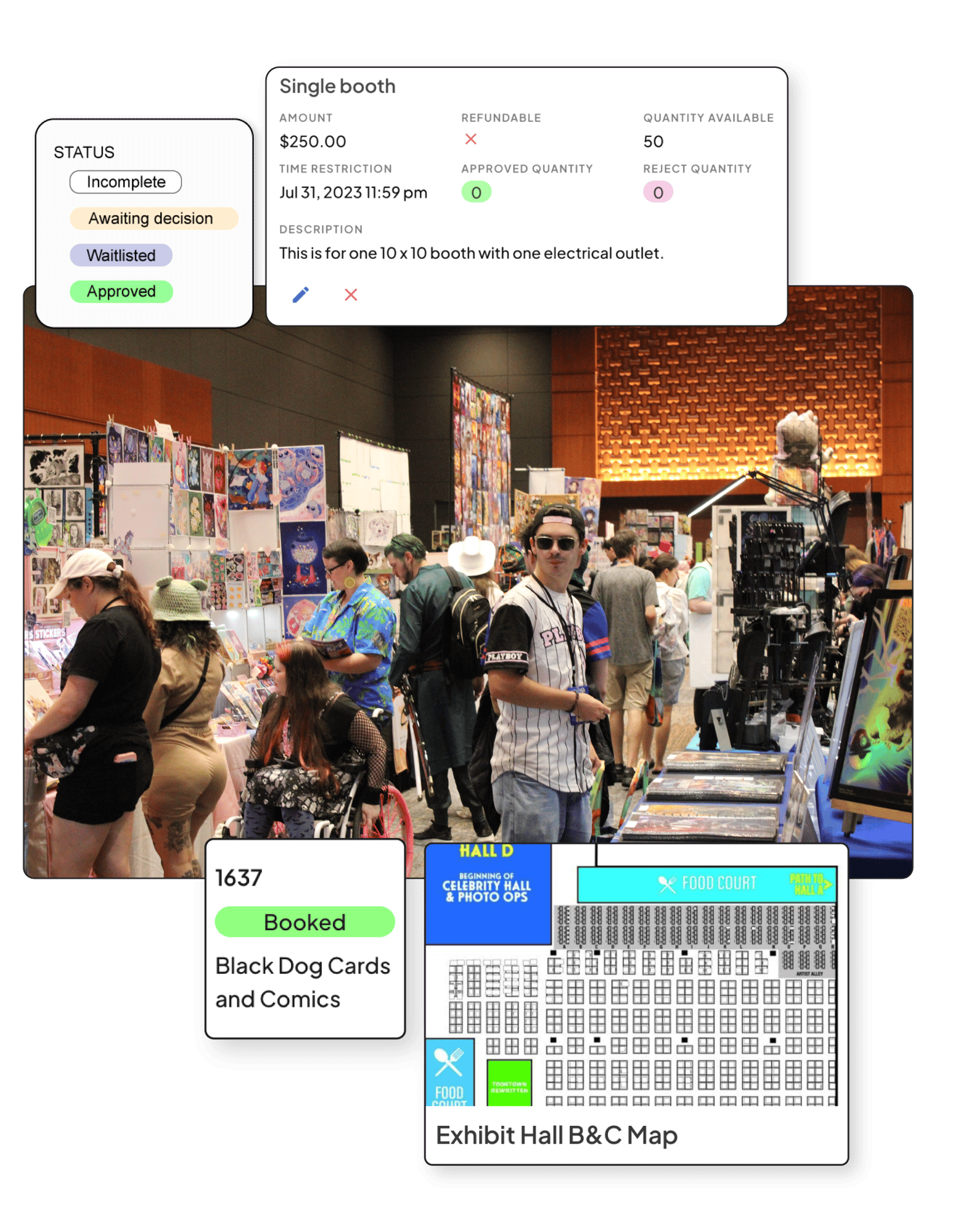 Image featuring GalaxyCon's vendor hall with an overlay of eventeny's application management workflow. Image featuring GalaxyCon's vendor hall with an overlay of eventeny's application management workflow.