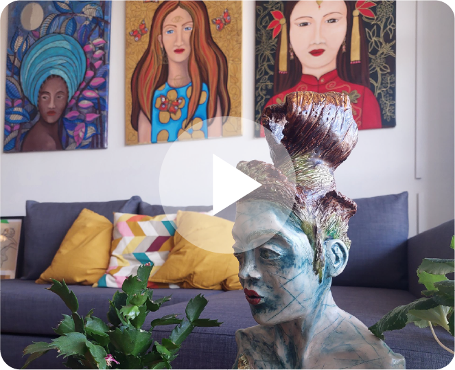 Sculpture and paintings in a living room