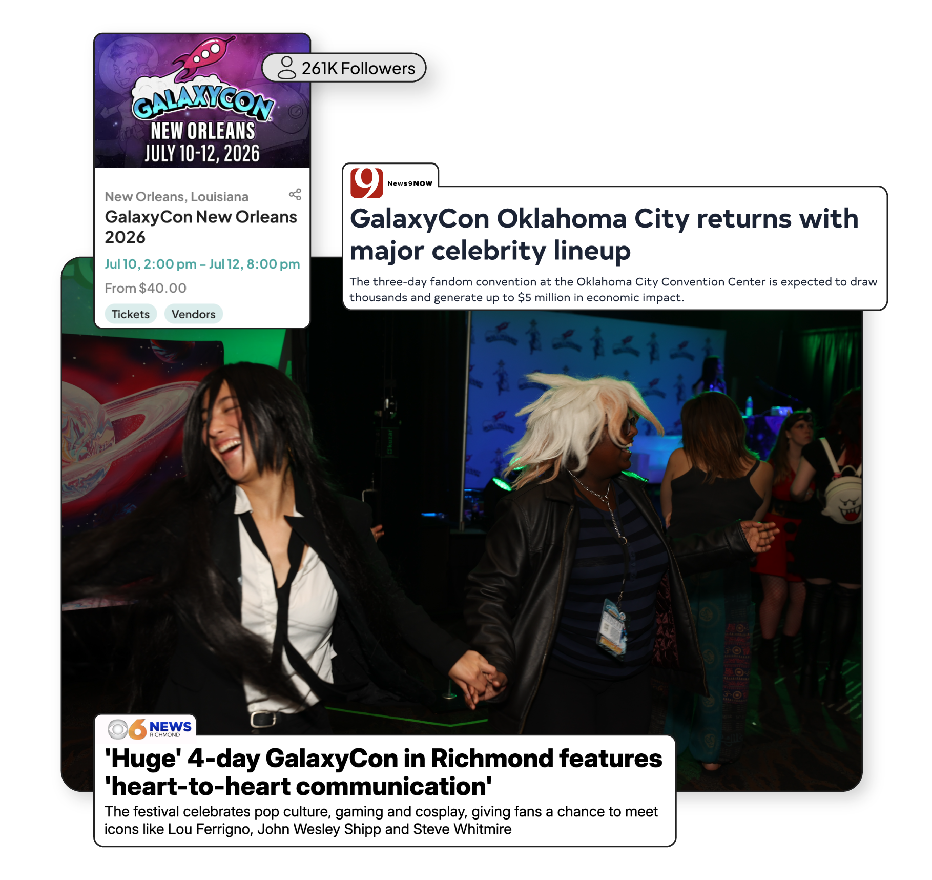 Image featuring attendees at GalaxyCon with an overlay of headlines from local news sources about the convention. Image featuring attendees at GalaxyCon with an overlay of headlines from local news sources about the convention.