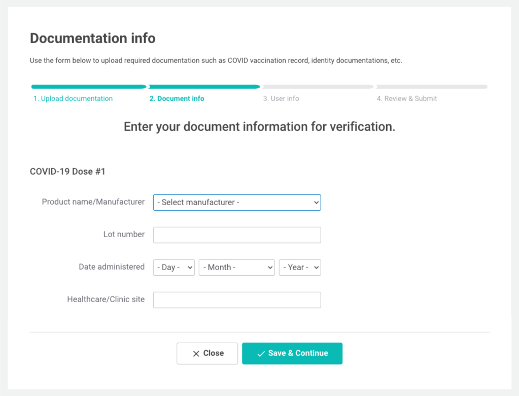 Screenshot of the Document Info step of the document upload process, as detailed above