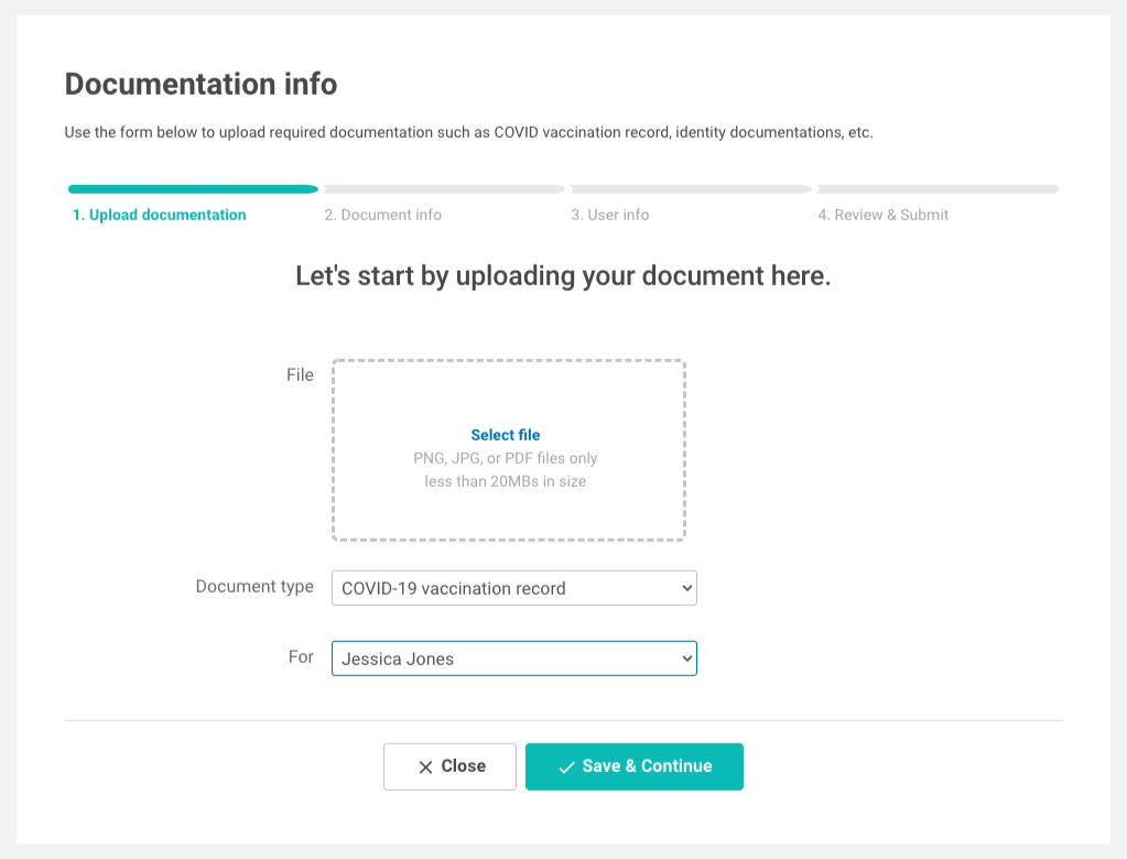 Screenshot of the Upload Documentation step of the document upload process, as detailed above.