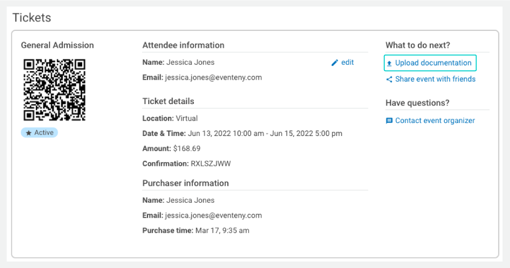 Image is a screenshot of the ticket confirmation post-purchase highlighting the new "upload documentation" option for attendees.