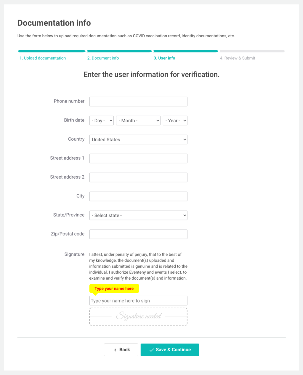 Screenshot of the User Info step of the document upload process, as detailed above